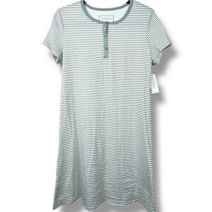 NEW Charter Club Green Striped Cotton Henley Nightgown Relaxed Sleep Shirt XS